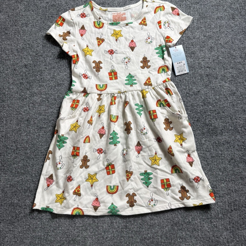 NWT Cat & Jack Girls Holiday Dress S 6/7 White Christmas Gingerbread Candy Tree